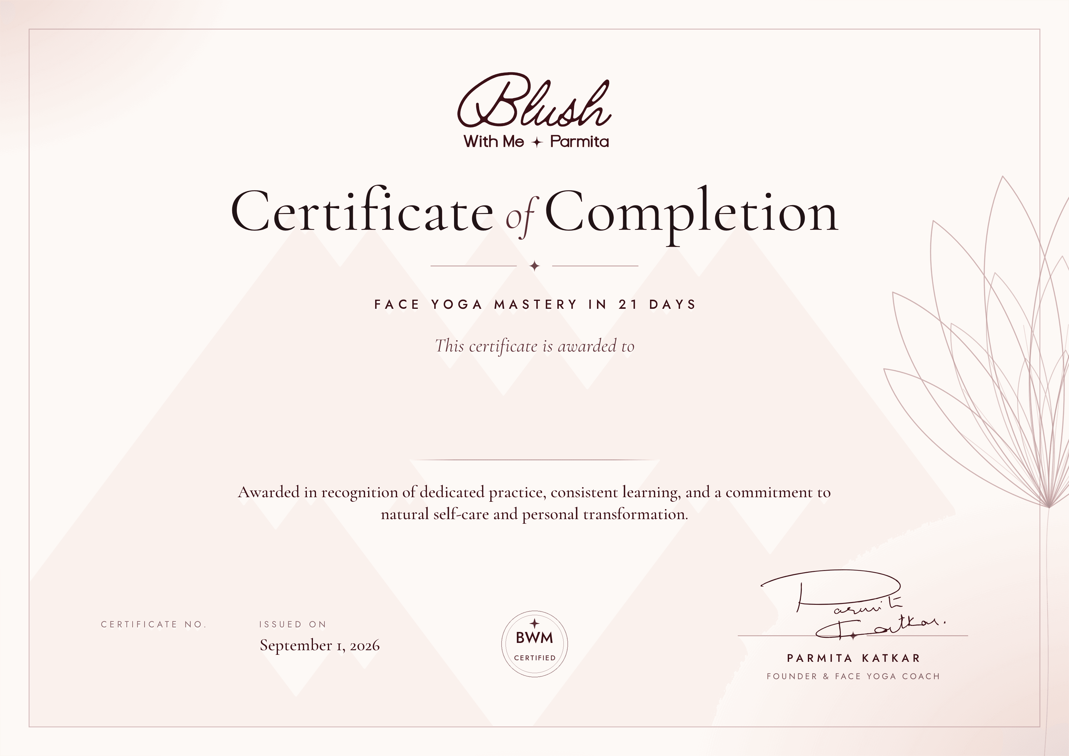Certificate of completion — Face Yoga Mastery in 21 Days